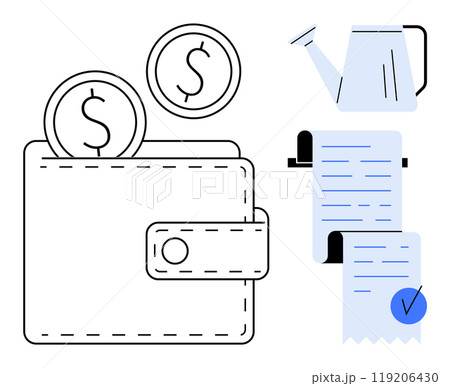 Wallet with coins, watering can, and receipts symbolizing financial growth and budget management. Ideal for financial planning, personal budgeting, savings, investment, and expense tracking. Simple Wallet with coins, watering can, and receipts symbolizing financial growth and budget management. Ideal for financial planning, personal budgeting, savings, investment, and expense tracking. Simple 119206430