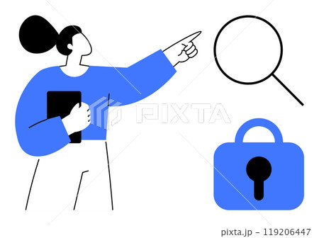 Woman holding a tablet and pointing at a magnifying glass and lock icon. Ideal for education, research, security, technology, and business themes. Simple and modern vector style with blue and black 119206447