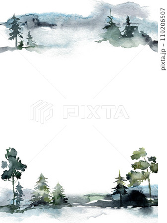 Watercolor landscape composition of forest and sky. Hand-drawn abstract winter fir and pine trees. Minimalistic illustrations isolated on white background. For design, print, fabric or background. Watercolor landscape composition of forest and sky. Hand-drawn abstract winter fir and pine trees. Minimalistic illustrations isolated on white background. For design, print, fabric or background. 119206507