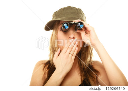 woman in military clothes with binoculars woman in military clothes with binoculars 119206540