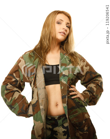 Beautiful woman in military clothes isolated Beautiful woman in military clothes isolated 119206541