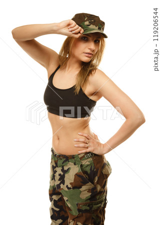 Beautiful woman in military clothes isolated 119206544