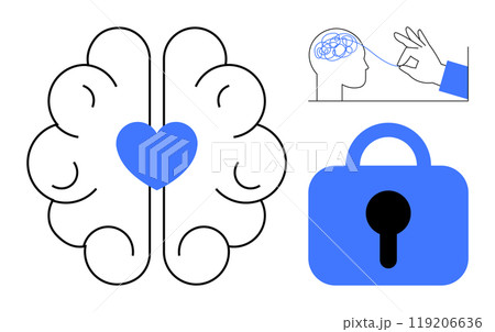 Brain with heart in the center surrounded by swirls, a hand connecting to brain circuitry, and a padlock. Ideal for mental health awareness, security of thoughts, emotional intelligence, brain health 119206636