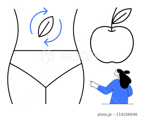 Minimalist lines show a human torso, an apple and a person pointing. Ideal for health, digestion, nutrition, wellness and fitness themes. Clean vector style with blue and black colors 119206646