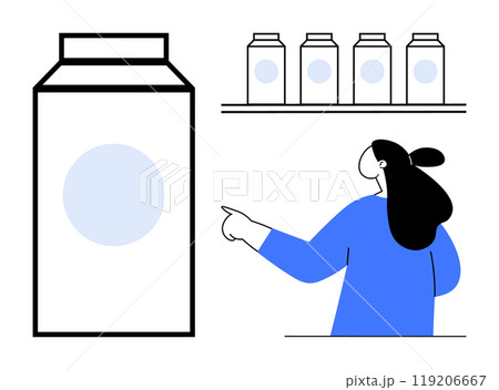 Woman with black hair and blue sweater pointing at milk cartons on shelf with large milk carton on left. Ideal for retail, grocery shopping, product choice, consumer behavior, marketing 119206667