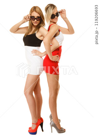 two sexy crazy women in summer clothes sunglasses. 119206693