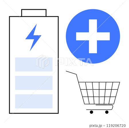 Battery with lightning bolt and health symbol alongside a shopping cart outline. Ideal for charging, renewal, healthcare, shopping, modern retail themes. Simple and clean style 119206720