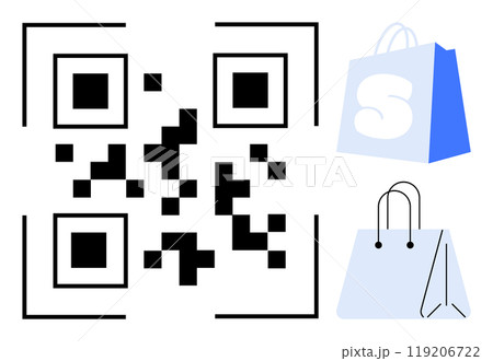 QR code at center. Two shopping bags to right. Ideal for digital payments, online shopping, e-commerce, retail marketing, and mobile commerce. Minimalist vector style 119206722
