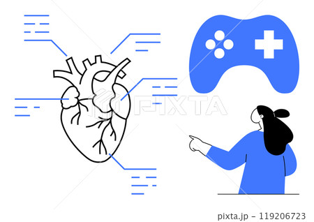 A black and white anatomical heart with labels is on the left. On the right is a blue game controller and a pointing woman in blue. Ideal for education, gaming, anatomy, health, technology. Modern 119206723