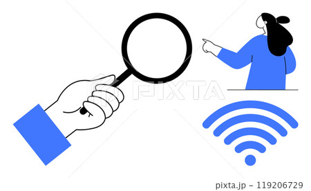 Hand holding magnifying glass and woman pointing at a WiFi symbol. Ideal for technology identification and guidance connectivity search and exploration and digital communication. Simple clean graphic 119206729