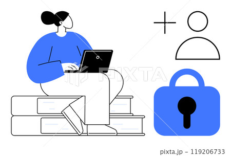 Woman sitting on a stack of books while working on a laptop. Adjacent are icons representing user addition and security lock themes. Simplistic and modern style. Ideal for online learning, remote Woman sitting on a stack of books while working on a laptop. Adjacent are icons representing user addition and security lock themes. Simplistic and modern style. Ideal for online learning, remote 119206733