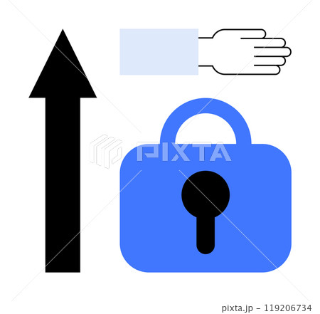 Large black arrow, blue lock with keyhole, open hand with extended fingers on light background. Ideal for security, control, access, navigation, user interface. Simple modern style Large black arrow, blue lock with keyhole, open hand with extended fingers on light background. Ideal for security, control, access, navigation, user interface. Simple modern style 119206734