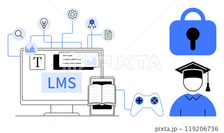 A computer screen with LMS, a smartphone, an open book, and icons representing a padlock and a graduate. Ideal for e-learning, technology, online courses, digital education, cyber security. Clean 119206736