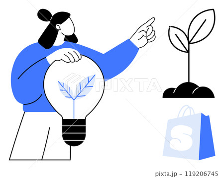 Person holding light bulb with plant inside pointing at a growing plant in soil with shopping bag in background. Ideal for sustainability, eco-friendly practices, green technology, innovation 119206745