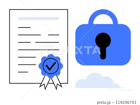 Certificate with ribbon checkmark and blue padlock icon symbolize data security and certification. Ideal for education, privacy, compliance, achievement, data protection. Simple modern vector style 119206781