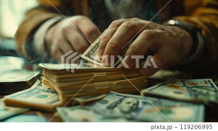 Counting Money with Hands Close-Up. Close-up of hands counting stacks of US dollar bills, emphasizing finance, wealth, and monetary transactions. 119206995