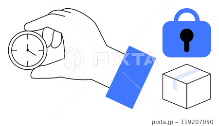 Hand holding a clock next to a blue lock and a box. Ideal for time management, security, punctuality, logistics, delivery. Clean vector style with simple and clear visuals 119207050