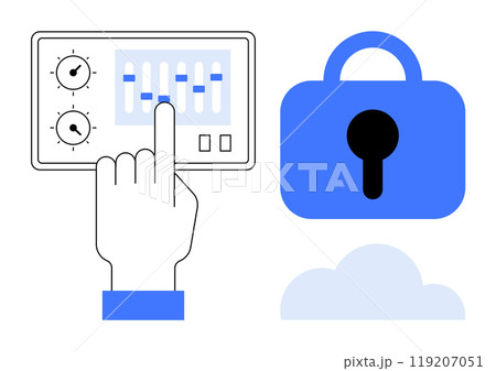 Hand adjusting control panel settings. Secure blue lock symbolizes data protection. Cloud below represents cloud storage. Ideal for cybersecurity, cloud storage, data management, access control 119207051