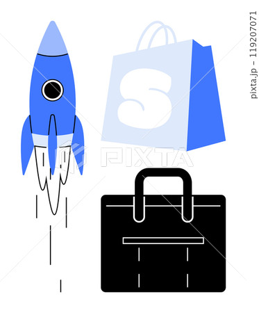 Blue rocket launching upward alongside a light blue shopping bag with a letter S and a black business briefcase. Ideal for startups, e-commerce, business growth, retail marketing, entrepreneurship Blue rocket launching upward alongside a light blue shopping bag with a letter S and a black business briefcase. Ideal for startups, e-commerce, business growth, retail marketing, entrepreneurship 119207071