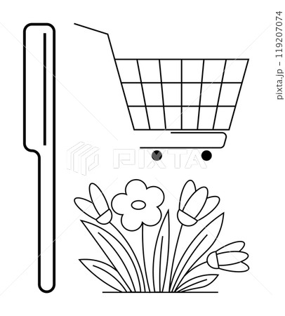 Comb, shopping cart, and flower cluster in minimalist style. Ideal for shopping, beauty, nature, minimalism, and eco-friendly themes. Black and white lines. Simple yet versatile composition for Comb, shopping cart, and flower cluster in minimalist style. Ideal for shopping, beauty, nature, minimalism, and eco-friendly themes. Black and white lines. Simple yet versatile composition for 119207074