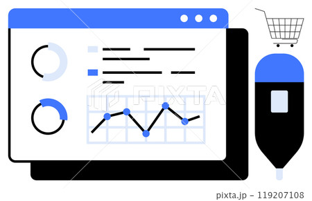Computer screen displaying graphs and charts with a shopping cart and a dropper along the side. Ideal for data analytics, online shopping, financial reports, market analysis, and business insights Computer screen displaying graphs and charts with a shopping cart and a dropper along the side. Ideal for data analytics, online shopping, financial reports, market analysis, and business insights 119207108