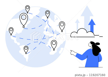 A global network map with location markers scattered across continents person pointing at cloud containing upward arrows. Ideal for global connectivity cloud computing technological growth digital A global network map with location markers scattered across continents person pointing at cloud containing upward arrows. Ideal for global connectivity cloud computing technological growth digital 119207160