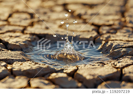Splash of water on dried dehydrated sun-scorched surface of cracked dry earth close up. Refreshing concept 119207219