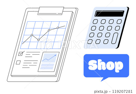 Spreadsheet with rising chart, calculator, and shop symbol. Ideal for business planning, financial analysis, e-commerce, sales tracking, and market research. Simple and clean style 119207281