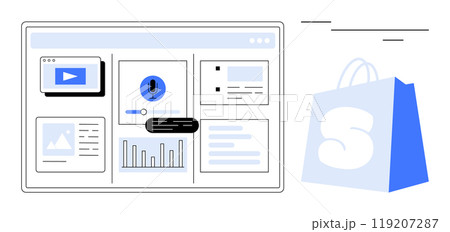 E-commerce application interface with features like video, voice assistant, image, analytics graph, and info cards. Blue shopping bag icon. Ideal for digital marketing, online shopping, business 119207287