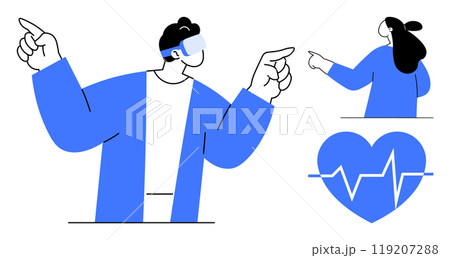Medical professionals point while a heart with a heartbeat line represents health. Ideal for medical technology, healthcare, medical advice, virtual reality in medicine, and health promotion. Simple 119207288
