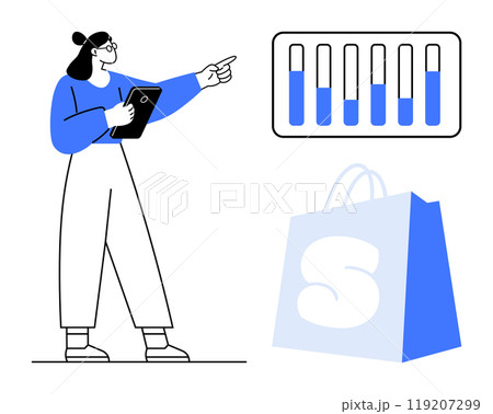 A person holding a tablet points towards a chart with bars indicating different levels next to a shopping bag with an S on it. Ideal for e-commerce business data analysis sales marketing and shopping 119207299