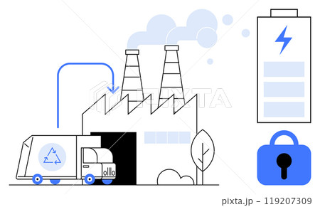 Electric recycling truck at a factory with a battery and padlock. Ideal for sustainability ecology energy security recycling and environment themes. Featured in clean and modern vector style art 119207309