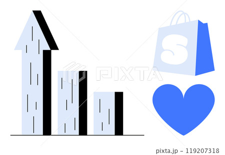 Bar graph with upward arrow, shopping bag with S, and heart icon in blue and black. Ideal for business growth, online shopping, customer satisfaction, sales analysis, and digital marketing. Simple 119207318