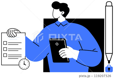 A businessperson holding a document with checkmarks and a digital tablet. Includes a clock and pen with a padlock symbol. Ideal for business, time management, digital tools, productivity 119207326