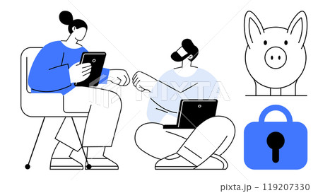 Two people interact with devices suggesting collaboration. Piggy bank represents financial savings. Lock symbolizes security. Ideal for financial management, online security, digital collaboration Two people interact with devices suggesting collaboration. Piggy bank represents financial savings. Lock symbolizes security. Ideal for financial management, online security, digital collaboration 119207330