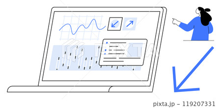 Laptop displaying graphs and charts. Woman on the right pointing at downward arrow. Ideal for data analysis, technology, business, presentations, reports. Simple modern design style 119207331