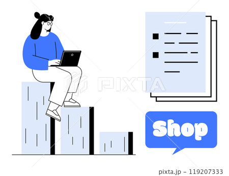 A woman sits on stacked graph bars using a laptop symbolizing business analytics. Beside her, two documents and a shopping dialogue bubble are visible. Ideal for business analysis, shopping, online 119207333