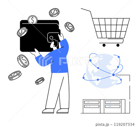 Person holding large digital wallet with coins floating, shopping cart, globe with connectivity lines, and servers. Ideal for e-commerce, online payments, global trade, data management, technology 119207334
