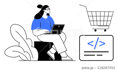 Woman working on laptop sits near plant. Shopping cart icon and coding symbol on screen add context Woman working on laptop sits near plant. Shopping cart icon and coding symbol on screen add context 119207353