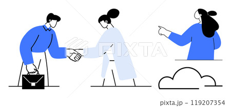 Man and woman shake hands while another person points forward. Ideal for teamwork business communication cooperation agreement partnership and goal-setting. Simple flat vector three-colour style Man and woman shake hands while another person points forward. Ideal for teamwork business communication cooperation agreement partnership and goal-setting. Simple flat vector three-colour style 119207354