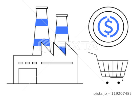 Industrial factory with production chimneys, a shopping cart, and a dollar coin signifies manufacturing, economics, and commerce. Ideal for industry, trade, business, economy, retail topics. Simple Industrial factory with production chimneys, a shopping cart, and a dollar coin signifies manufacturing, economics, and commerce. Ideal for industry, trade, business, economy, retail topics. Simple 119207485