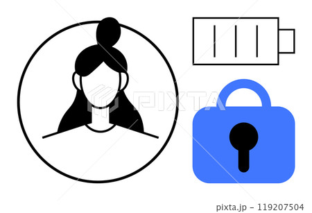 Minimalist design of a womans face inside a circle with a full battery icon and a blue lock. Ideal for security, privacy, identity, technology, and modern design themes. Simple and modern style 119207504