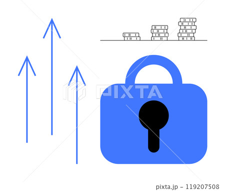 Blue arrows representing growth, stacks of coins symbolizing financial gains, and a blue lock denoting security. Ideal for finance, investment, security, economic growth, savings. Simple vector style Blue arrows representing growth, stacks of coins symbolizing financial gains, and a blue lock denoting security. Ideal for finance, investment, security, economic growth, savings. Simple vector style 119207508