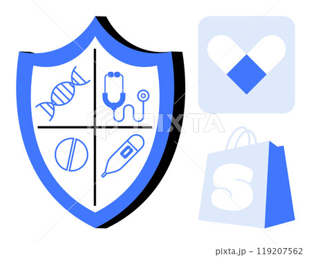 A blue and white shield with medical symbols like DNA, stethoscope, pill, and thermometer. Ideal for health insurance, medical services, pharmacy, online shopping, healthcare apps. Minimalist vector 119207562