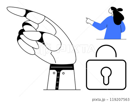 Large black and white hand pointing left, a woman in blue sweater pointing, and a black and white padlock symbol Ideal for security, direction, guidance, privacy, and navigation themes. Minimalist 119207563
