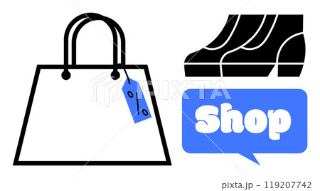 Shopping bag with a discount tag next to a pair of shoes and a speech bubble saying Shop. Ideal for retail, discounts, shopping, e-commerce, fashion. Simple and modern style 119207742