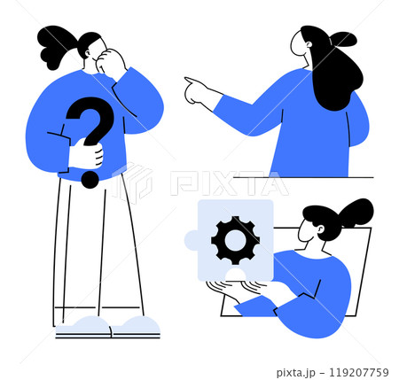 Three individuals in a minimalist style focusing on problem-solving. One holds a question mark, another points, and the third examines a puzzle piece with a gear. Ideal for problem-solving, teamwork 119207759