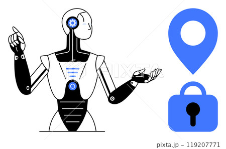 Robot with mechanical gears and circuits pointing at blue lock and location symbols. Ideal for robotics, cyber security, data privacy, artificial intelligence, and navigation technology. Minimalist Robot with mechanical gears and circuits pointing at blue lock and location symbols. Ideal for robotics, cyber security, data privacy, artificial intelligence, and navigation technology. Minimalist 119207771