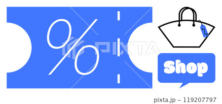 Blue and white discount voucher with a large percentage symbol and a shopping bag with a price tag above the word shop. Ideal for retail promotions sales marketing and e-commerce campaigns 119207797