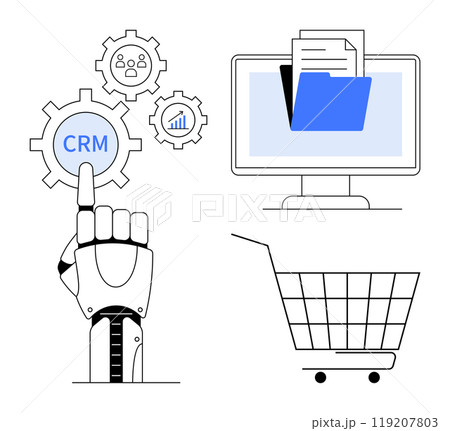 Robotic hand pointing to CRM gear, gears with people and data charts, monitor with files, and empty shopping cart. Simple tech. Ideal for automation, CRM, tech, data management, ecommerce, digital Robotic hand pointing to CRM gear, gears with people and data charts, monitor with files, and empty shopping cart. Simple tech. Ideal for automation, CRM, tech, data management, ecommerce, digital 119207803